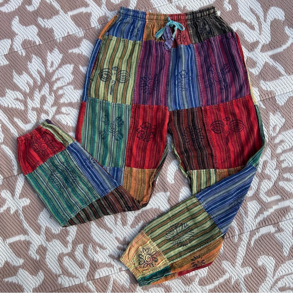 Multicolor Patchwork Boho Hippie Yoga Harem Cotton Jogger Pants | Size L